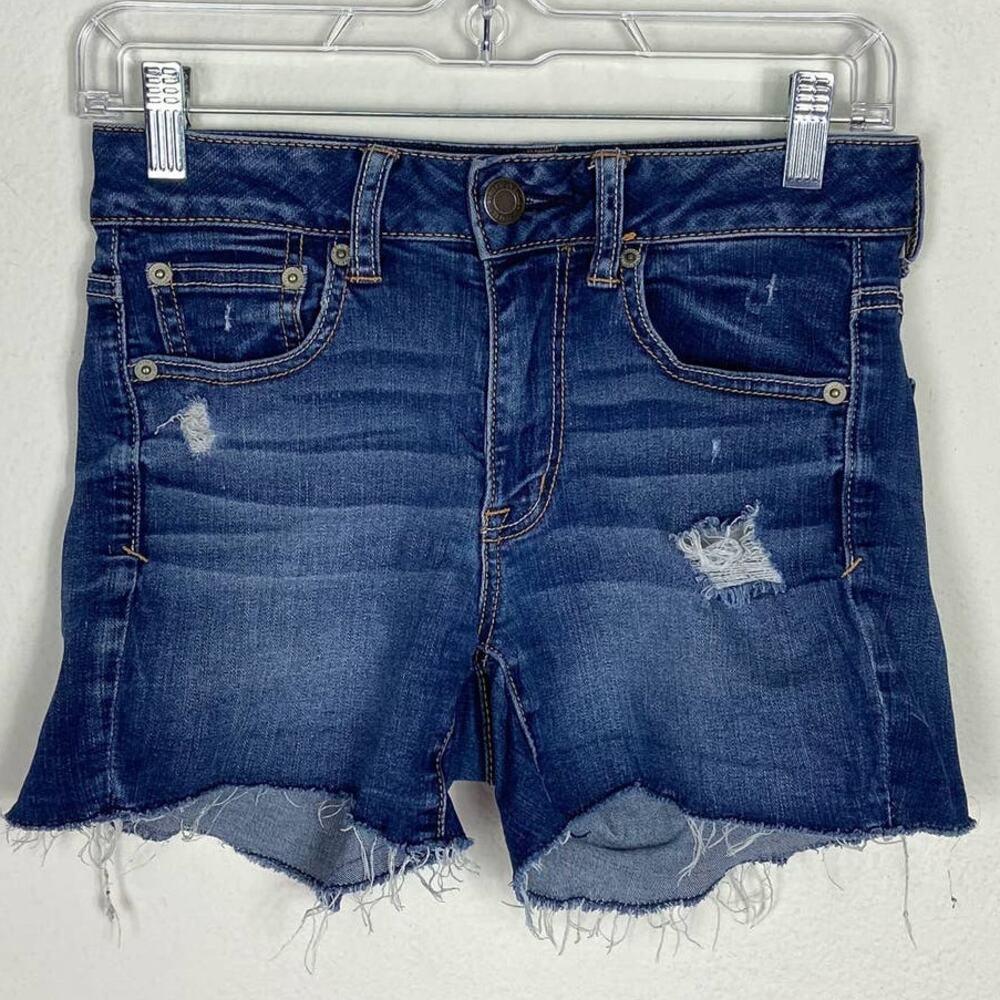 American Eagle Super Stretch Jean‎ Shorts Size 2 Blue Denim Cutoffs Distressed